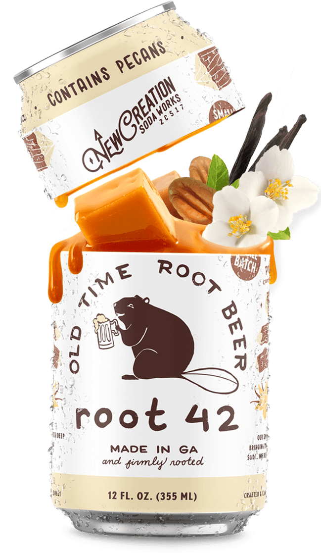 Root 42 Old Time Root Beer can opened up to reveal ingredients and flavors inside