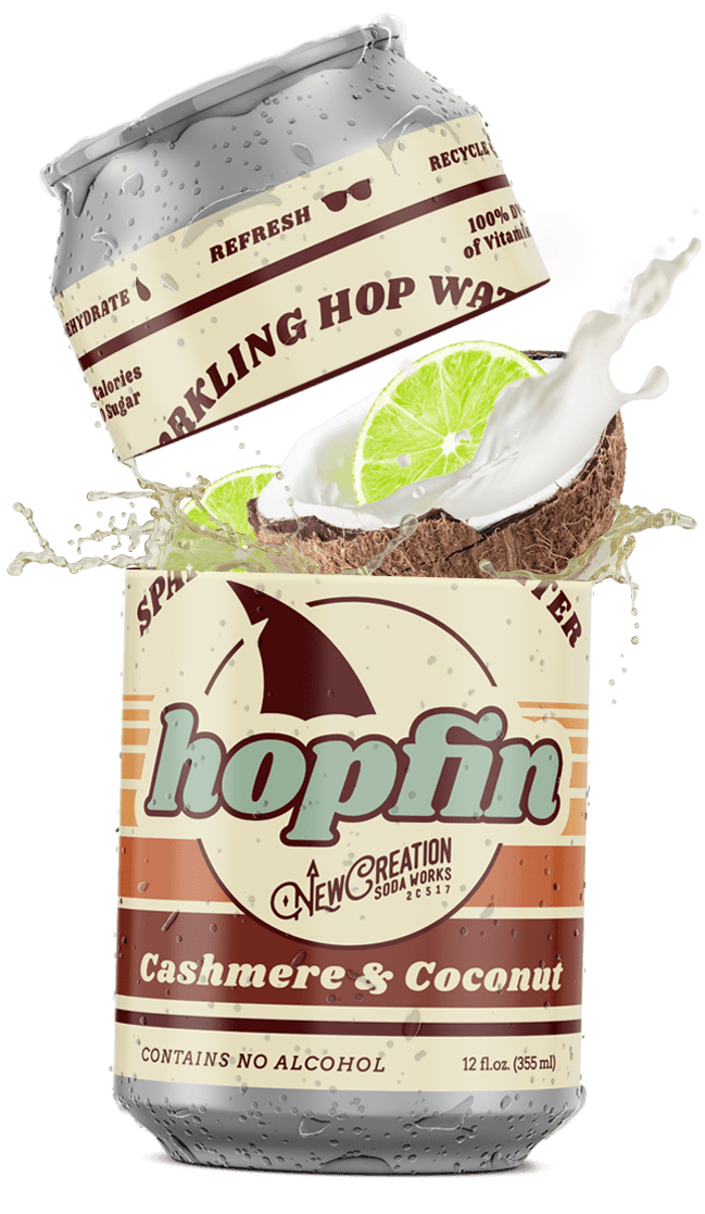 A can of Hopfin Cashmere, opened to reveal the ingredients and flavor notes.