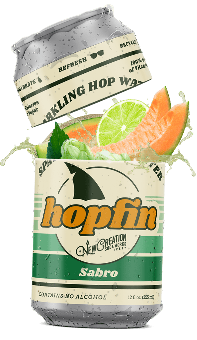 A can of Hopfin Sabro, opened to reveal the ingredients and flavor notes.